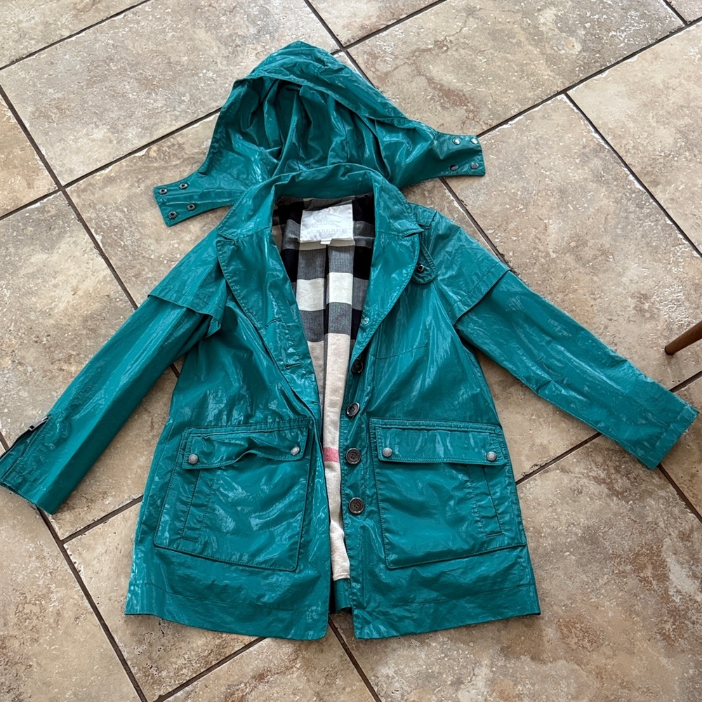 Burberry Teal Hooded Raincoat